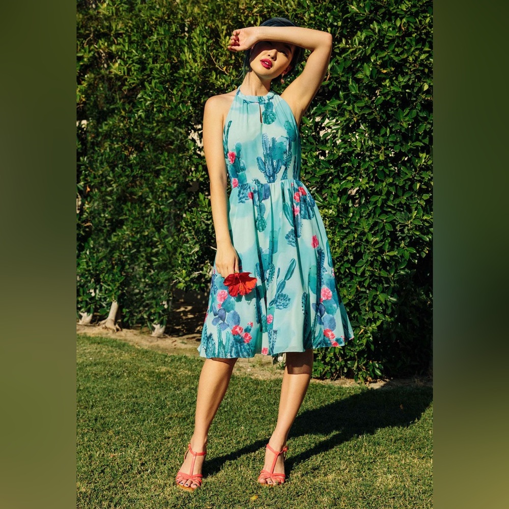 Modcloth Cactus Watercolor Print Halter Dress (EUC, Size S)